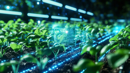 Young Vibrant Seedlings Thriving Under Futuristic Blue Glowing Lights In A Technologically Advanced Vertical Farm Showcasing The Promise Of Innovative Agriculture
