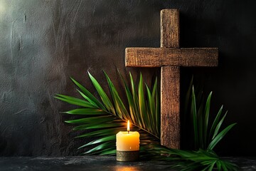 Serene Easter Still Life: Rustic Wooden Cross, Lit Candle, and Lush Palm Branches, creating a peaceful and spiritual ambiance. Perfect for religious, 