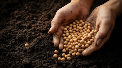 Hands Holding Soybean Seeds Above Dark Soil, Symbolizing Agriculture, Growth, and Sustainable Farming Practices Under Natural Light Conditions