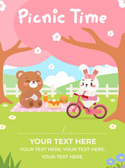 Cute Bear and Bunny Enjoying a Picnic Under Cherry Blossoms. Kawaii Picnic Poster Featuring a Happy Bear and Bunny in Nature.