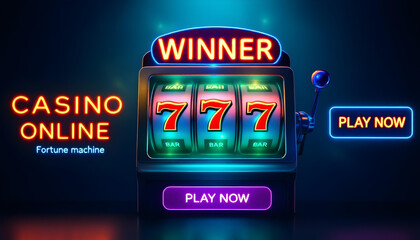 Exciting online casino slot machine illustration with neon lights and gold coin effects