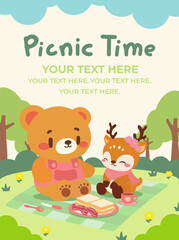 Adorable Bear and Deer Enjoying a Picnic in the Forest. Kawaii Picnic Scene with a Cute Bear and Deer in Nature. 