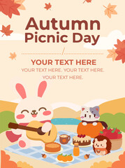 Adorable Autumn Picnic with Cute Bunny, Cat, and Hedgehog.