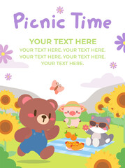 Kawaii Bear, Pig, and Cat Enjoying a Fun Picnic in a Sunflower Meadow. Pastel Cartoon Picnic with Cute Animals in a Whimsical Outdoor Setting.