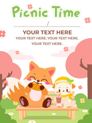 Cute Fox and Bunny Enjoying a Picnic on a Bench in a Springtime Park.