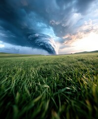 Dramatic tornado formation over lush fields nature scene atmospheric view rural landscape storm concept