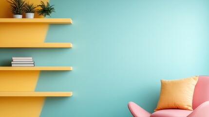 A modern living room showcases colorful floating shelves against a mint green wall, adorned with stylish plants and a cozy pink armchair, inviting relaxation and creativity.