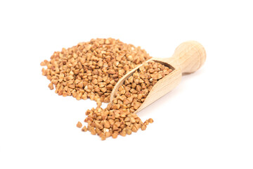 Buckwheat isolated on white background, organic grain and healthy eating concept