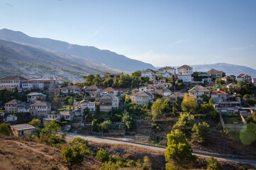 Fototapeta premium A view from the castle towards the center of the city of Gjirokaster, Albania in summertime