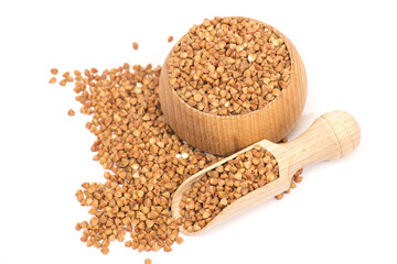 Buckwheat isolated on white background, organic grain and healthy eating concept