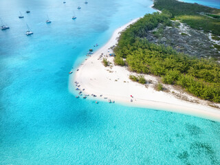 Aerial view of the beautiful Starfish Beach at Stocking island, The Exumas, Caribbean Sea, Bahamas
