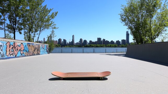 Skateboard on a sunny day at an urban skate park with a city skyline in the background