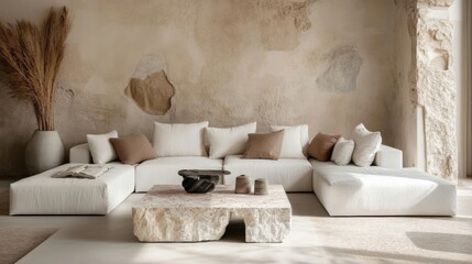 a living room with a large white couch and a coffee table
