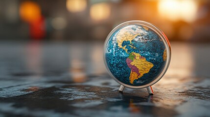 Colorful mini globe with americas map on reflective surface in sunset light