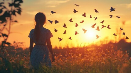 Young caucasian female observing flock of birds at sunset in tranquil field