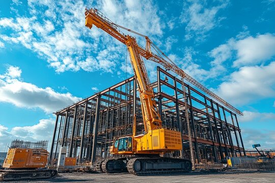 Green Tower Crane on a Background of Clouds Stock Image