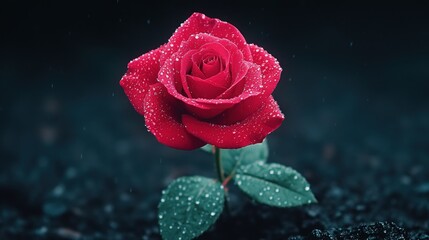 A Single Red Rose in the Rain: A symbol of resilience and beauty.