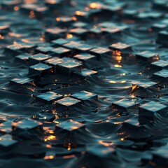 Fototapeta premium abstract ocean of geometric cubes floating calmly, illuminated seams and topographical elements