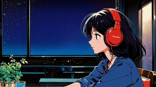 Lofi animation. Seamless loop. Girl listening music watching sky, anime girl lofi animation Assets were created with the help of an AI and then were manually modified and animated.