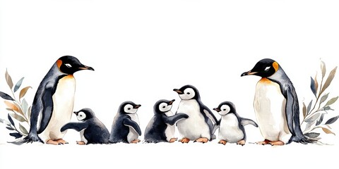 Obraz premium Watercolor Penguin Family Illustration Adorable Antarctic Bird Wildlife Nature Art Image