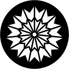 Graphic art rendering shows circular design against solid black backdrop. Vector illustration features radial burst pattern with pointed edges, similar to snowflake or stylized star.
