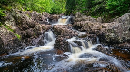Serene Cascade of Water Flowing Over Rocky Terrain Surrounded by Vibrant Green Trees in a Tranquil Natural Environment