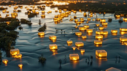 abstract river of geometric cubes floating calmly, illuminated seams and topographical elements