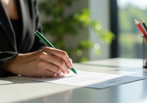 A close-up of a woman hand signing an official document with a green pen on a bright sunlit desk