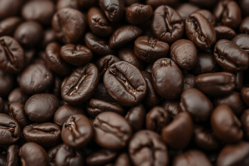 Obraz premium Roasted coffee beans in plantation. Fresh aromatic. Coffee production, agriculture, caffeine. Harvest crop.