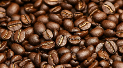 Close Up Image of Roasted Coffee Beans Displaying Brown Tones And Natural Texture With Light Reflections