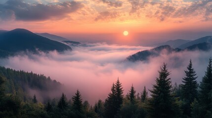 Fototapeta premium Serene mountain sunrise over misty forest landscape with vibrant sky