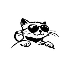 Happy cool cat with sunglasses, fun hand-drawn doodle illustration
