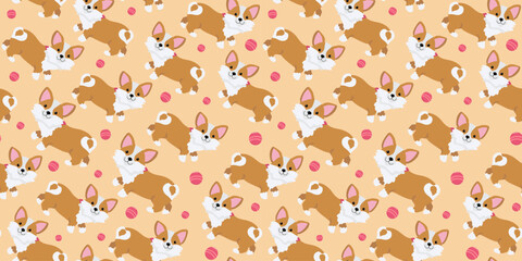 Cartoon dog corgi, pattern. Funny cute puppy and toys balls. Seamless background.
