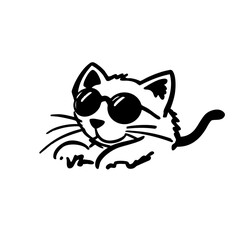 Happy cool cat with sunglasses, fun hand-drawn doodle illustration