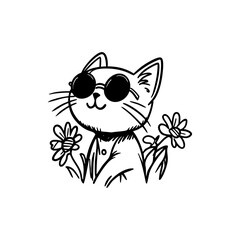 Cool cat with sunglasses and flowers, hand-drawn hipster illustration