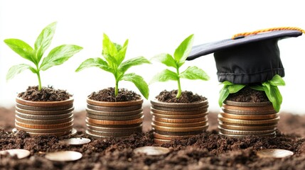 Growing plants on stacks of coins with graduation cap representing financial education