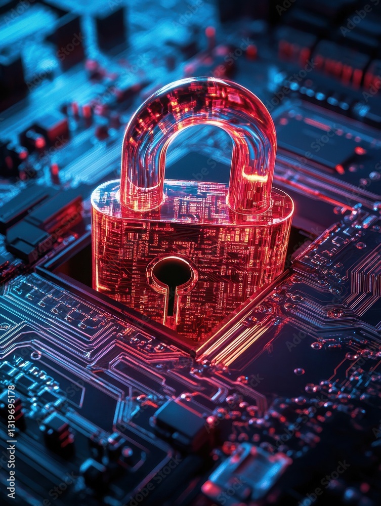 Poster transparent red padlock embedded in a circuit board symbolizing data encryption security and protect