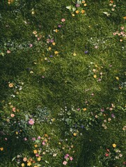 Top view of a lush green grass field with vibrant wildflowers scattered across, perfect for spring and summer designs.