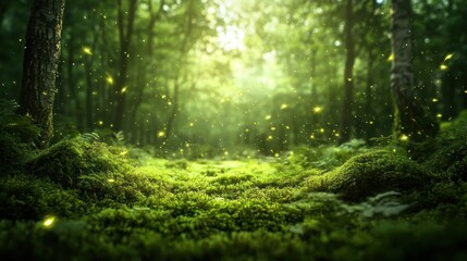 Obraz premium Enchanting forest glade with glowing fireflies under sunlight