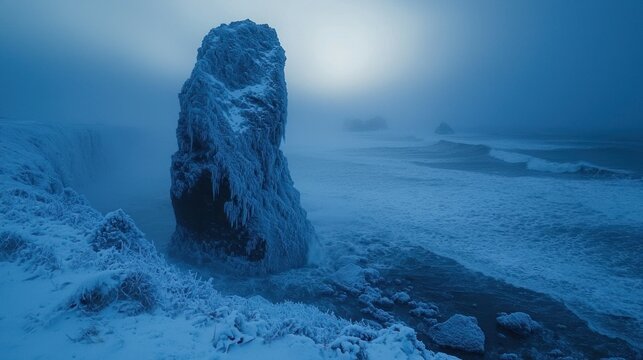 Frozen landscape with a large, snow-covered rock formation near a misty waterfall