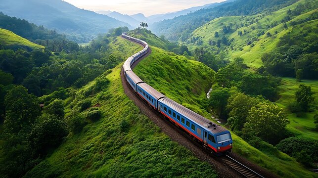 A long passenger train travels winding through lush green hills