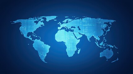 Obraz premium Digital world map in blue with pixelated design on dark background