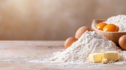 The essentials for baking are artfully arranged, featuring flour, eggs, and butter, epitomizing culinary creativity and the joyful process of cooking at home.