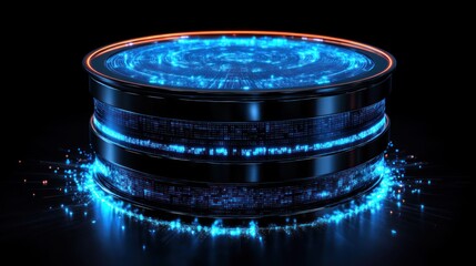 Futuristic Data Cylinder: Glowing Blue and Orange Digital Database