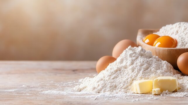 The essentials for baking are artfully arranged, featuring flour, eggs, and butter, epitomizing culinary creativity and the joyful process of cooking at home.
