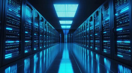 A futuristic data center with glowing blue server racks and a sleek reflective floor, creating a high-tech and secure atmosphere. Ideal for technology, cloud computing, and cybersecurity