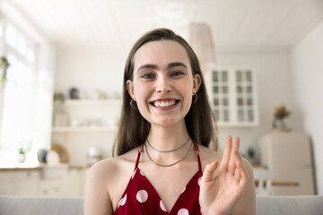 Cheerful virtual connection. Webcam portrait pretty face of happy smiling millennial woman make video call record vlog at cozy home kitchen start chat live stream wave hand hi greet friend or audience