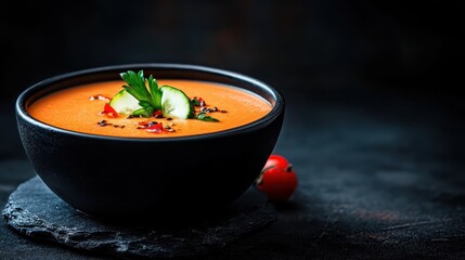 This image features a rich tomato soup beautifully garnished with fresh herbs and vegetables, showcasing a modern twist on a classic culinary dish ideal for summer.