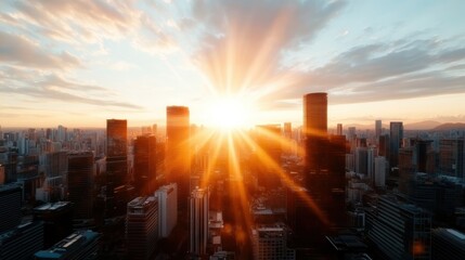 Fototapeta premium A breathtaking sunrise illuminates the cityscape, casting warm hues over towering skyscrapers, creating a stunning visual experience that signifies new beginnings.