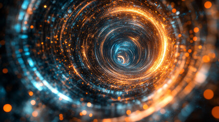 A 3D-rendered digital image of swirling luminous circles, radiating a glowing effect